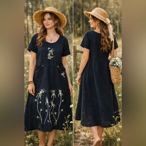 Vintage Real Comfort Black Cotton Botanical Bird Dress Made USA